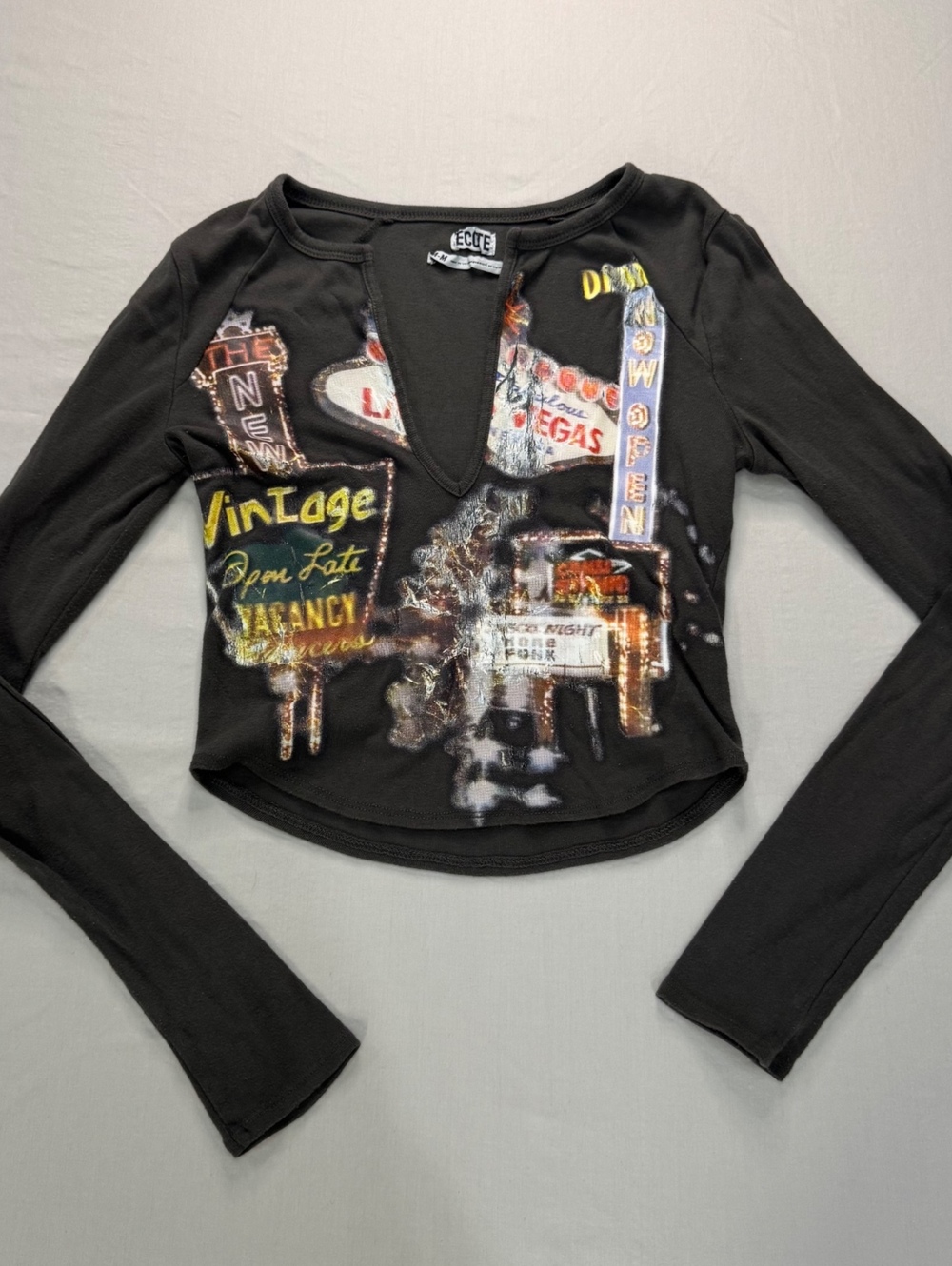 Ecote M Las Vegas Neon Graphic Long Sleeve Crop Top Y2K Grunge
